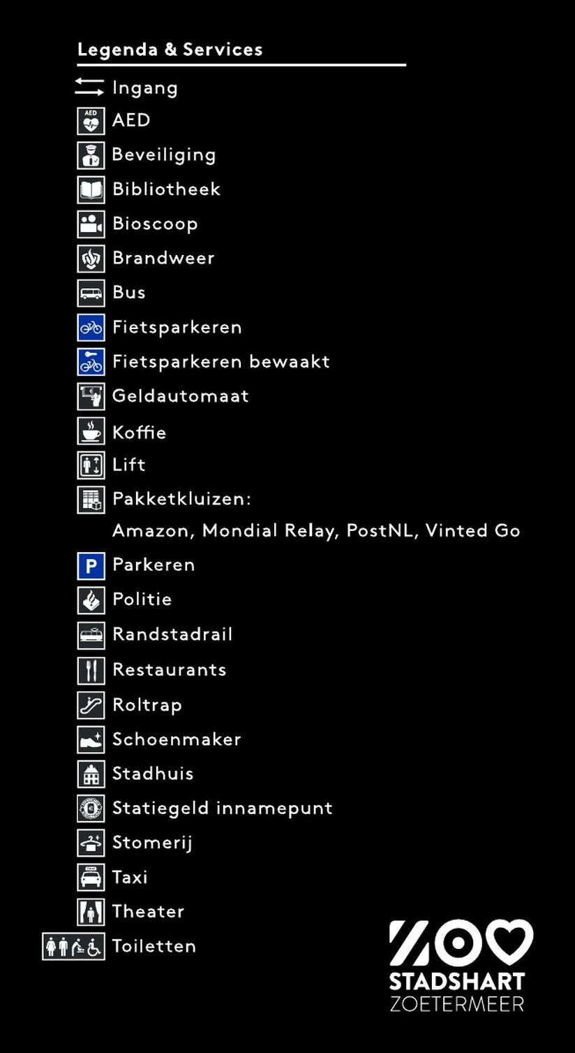 Legenda met de symbolen op de plattegrond: ingang, AED, lift, roltrap, parkeren, pakketkluizen en meer.