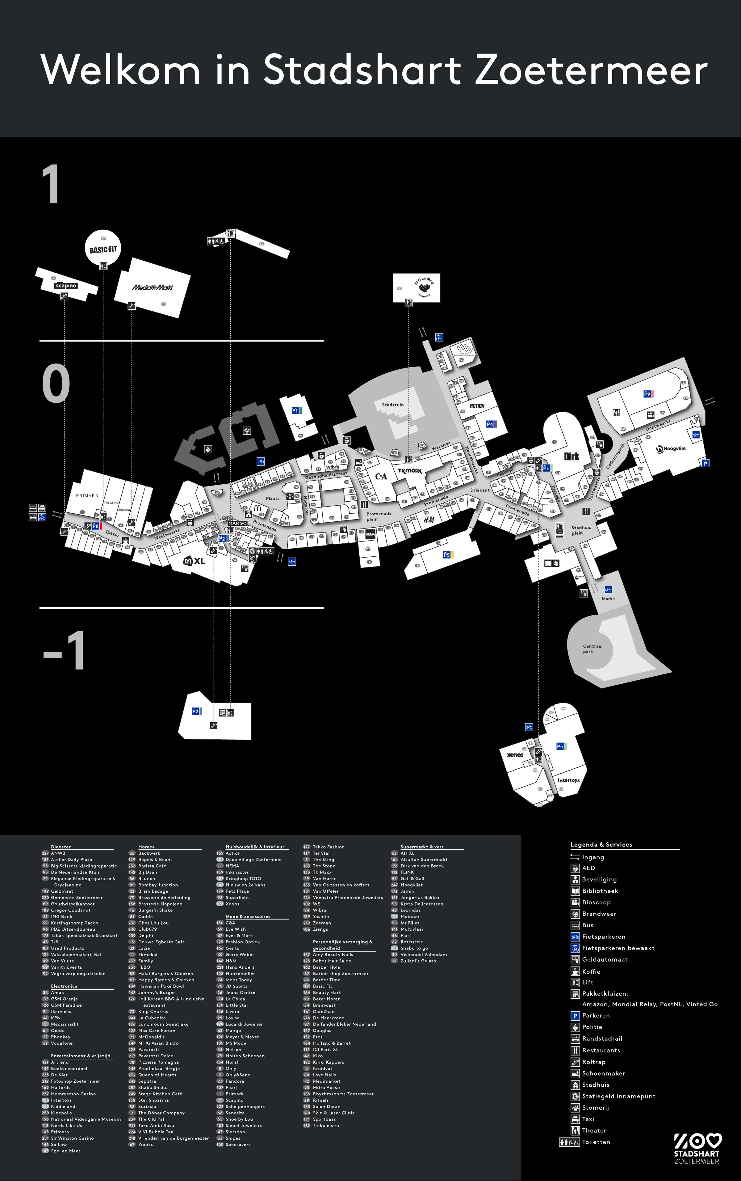 Plattegrond van Stadshart Zoetermeer met de drie niveaus: de winkelstraten, het maaiveld en de parkeergarages, met de ingangen, liften, toiletten en pakketkluizen aangegeven.