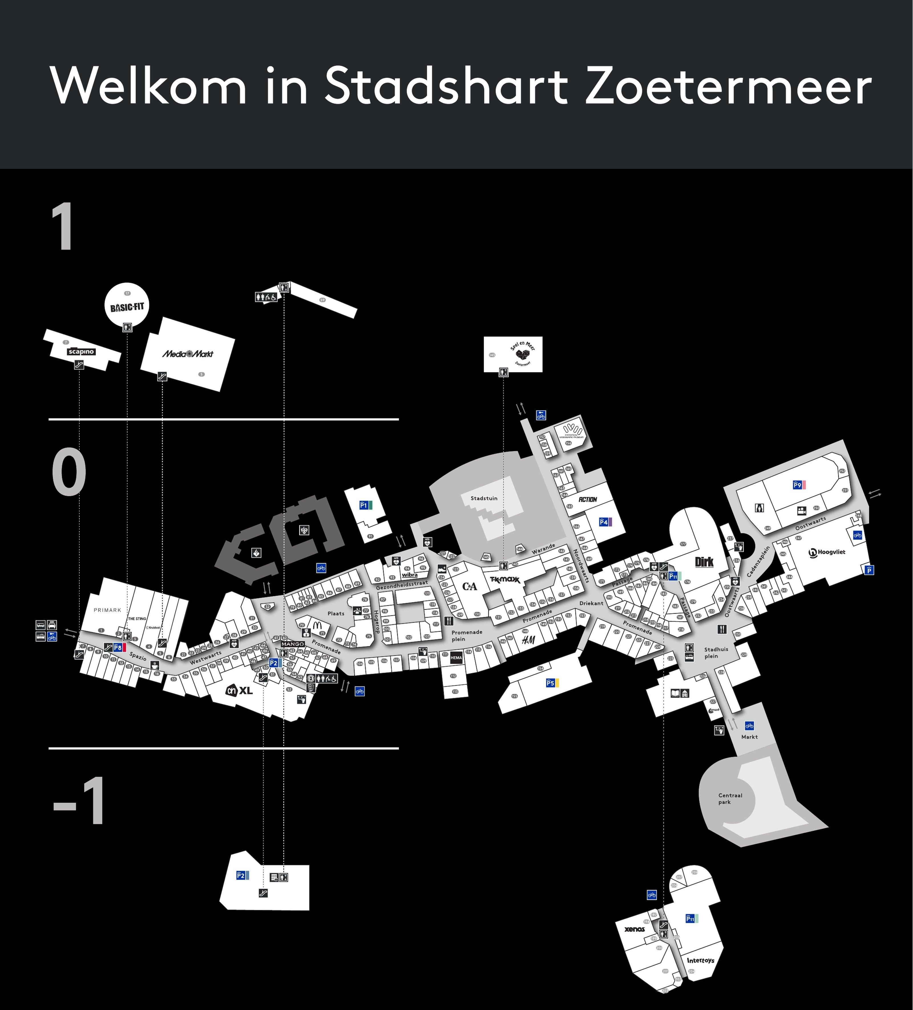 Plattegrond van Stadshart Zoetermeer met de niveaus 1, 0 en −1.