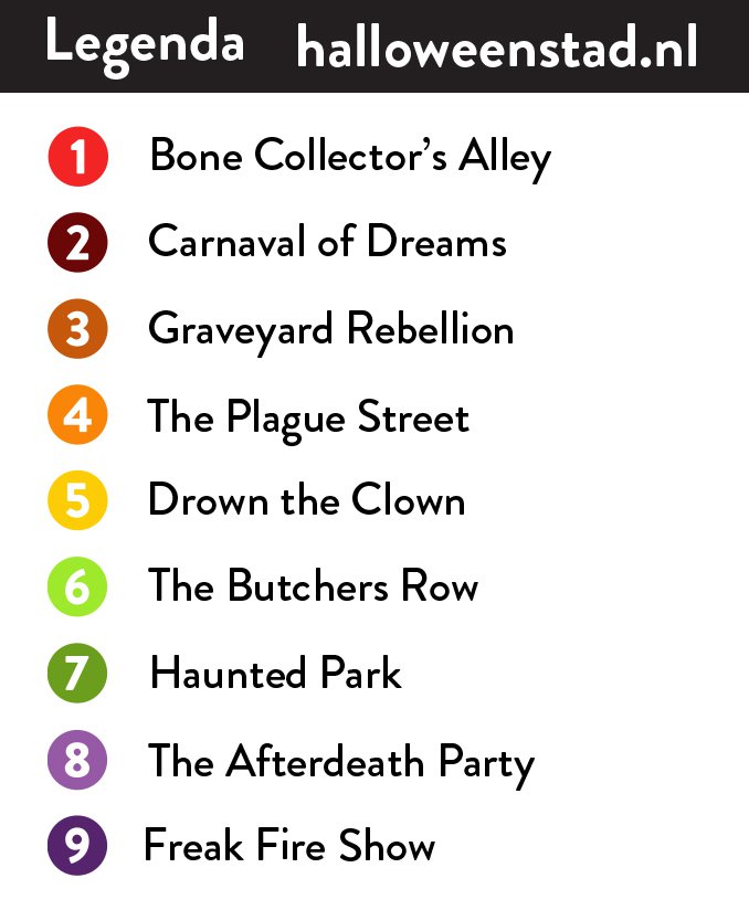 Legenda bij de plattegrond: 1 Bone Collector's Alley, 2 Carnaval of Dreams, 3 Graveyard Rebellion, 4 The Plague Street, 5 Drown the Clown, 6 The Butchers Row, 7 Haunted Park, 8 The Afterdeath Party en 9 Freak Fire Show.
