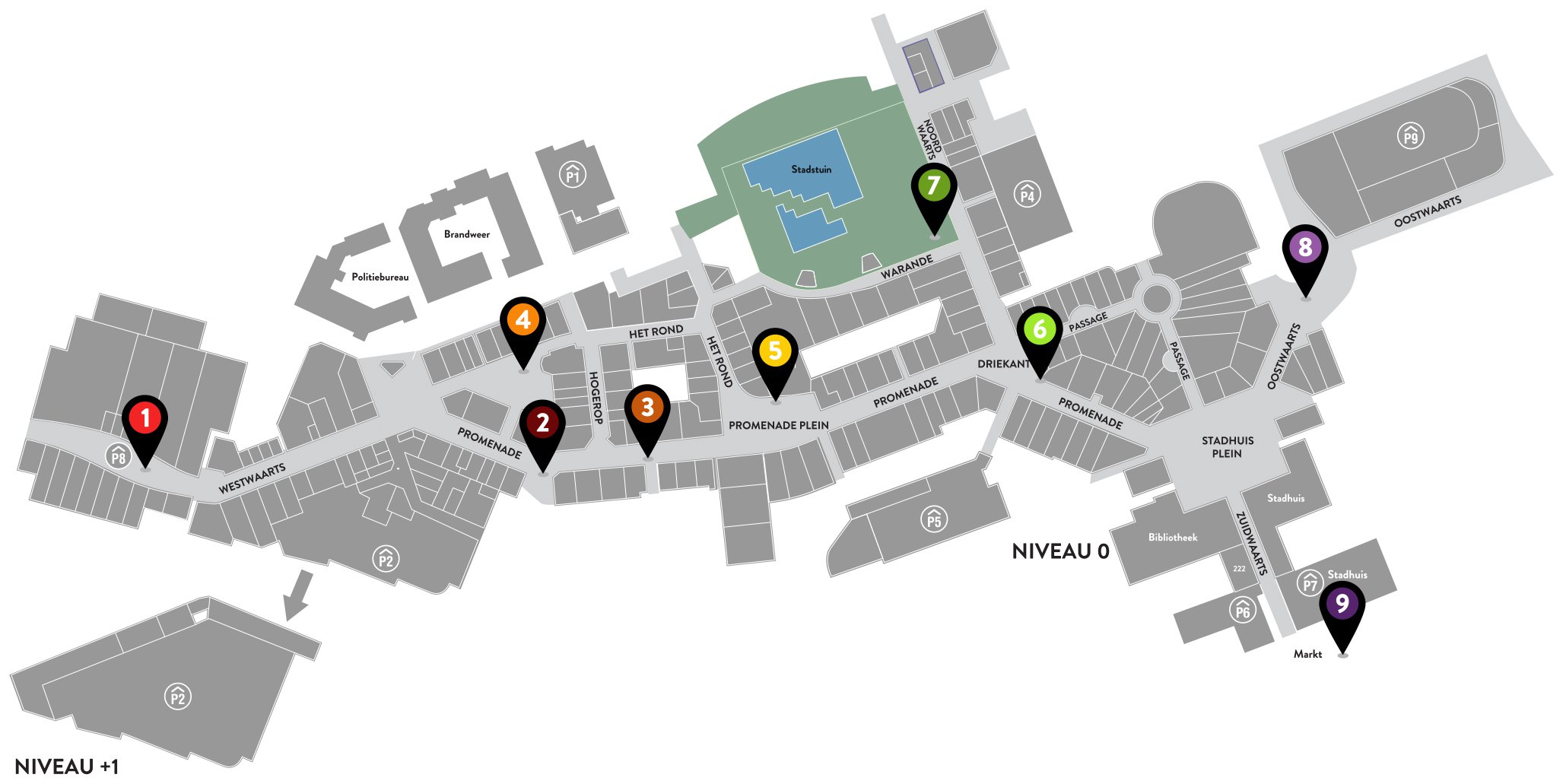 Plattegrond van het Stadshart met de negen genummerde plekken van de Halloweenwalk, van Westwaarts tot de Markt.