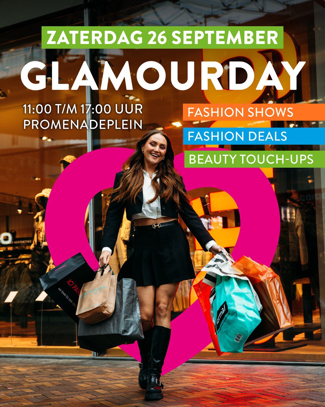 Flyer Glamourday: zaterdag 26 september, 11.00 tot 17.00 uur op het Promenadeplein, met fashion shows, fashion deals en beauty touch-ups.